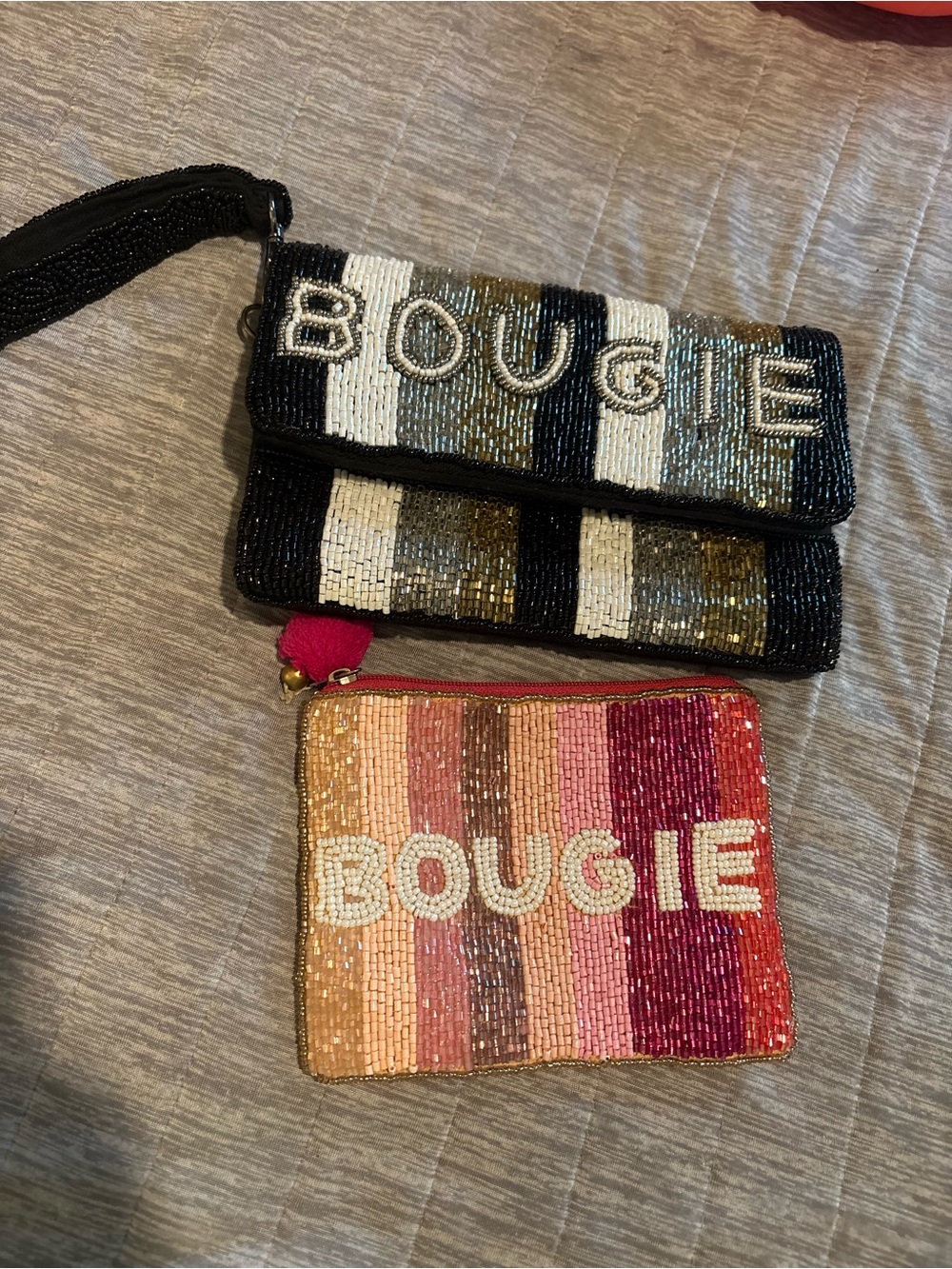Beaded Stripe Wristlet & Pouch Set - Black & Pink